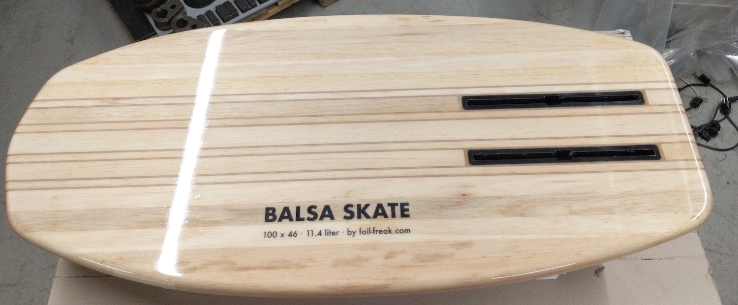 Finished Balsa Skate Foil Board Bottom Sideways